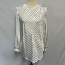Vintage Fritz M White Stripe Satin Blouse Pleated Shoulder Secretary Top Country
