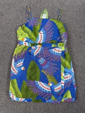 Farm Rio Dress Womens Large Anthro Linen Blue Macaw Parrot Mini Sundress Boho