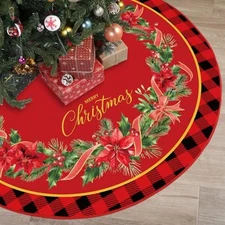 48 Inch Christmas Tree Skirt Double Layer Large Snowflake Xmas Poinsettia Red