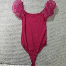 Altar'd State Fuchsia Tulle Puff-Sleeve Ribbed Bodysuit Sz Small