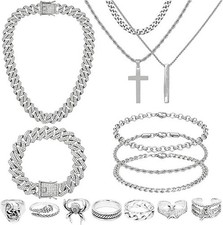 15 Pieces Silver Jewelry Set for Men Stainless Steel Cuban Link Necklace Bracele