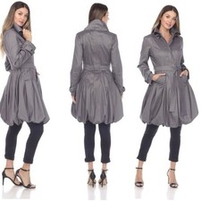 Samuel Dong Gray Metallic Taffeta Collared Bubble Hem Zip Trench Jacket Coat XL