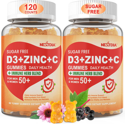 Sugar Free Vitamin C + D3 + Zinc Gummies for Adults 50 +, 9 in 1 Immune Defense