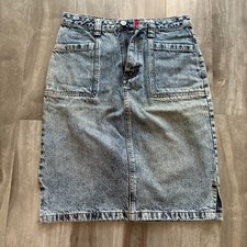Vintage Benxiaohai Acid Wash Denim Skirt High Waist Pockets Midi Blue Size 27W
