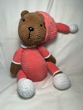 Handmade Crochet Plush Teddy Bear In Pink Pajamas And Stocking Cap 17 Inches