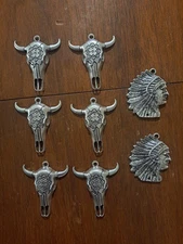 6 Silver Colored Long Horn Bull Conchos Pendants & 2 Free Indian Head Pendants 