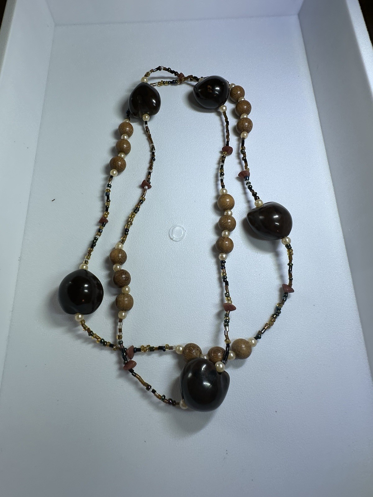 Vintage Brown Wood Seed Pod Beaded Boho Necklace 36”