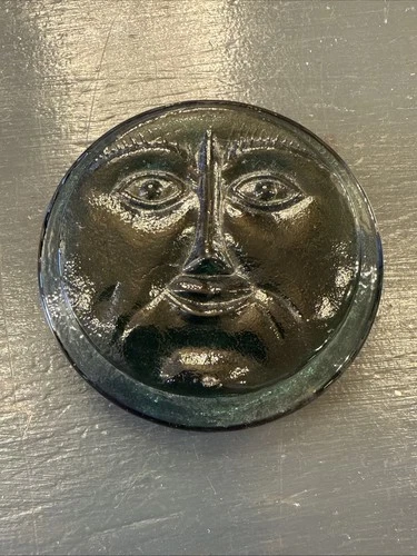 Blenko Moon Face Glass Paperweight 3.75 Inch Blue/green