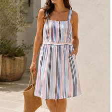 LOFT Linen Blend Sleeveless Dress White Multi Color Stripe Large Summer Preppy