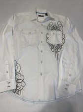 CDF Mens Button Down Dress Shirts White/ Grey Embroidered Design Size Medium