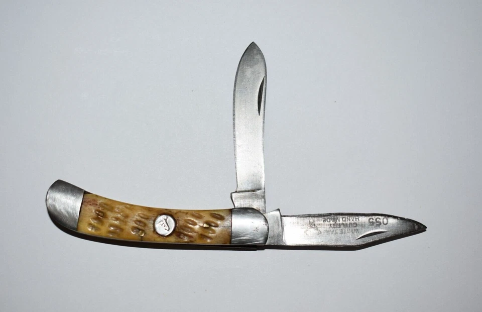 Cubiertos cola blanca vintage Pakistán hecho a mano cuerno de ciervo 055 navaja de bolsillo 2 hojas Foto 3 de 4