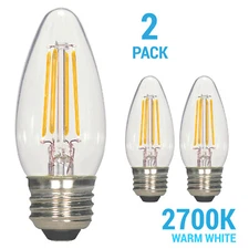 Pack Satco 120V 4.5W 40W ETC LED Clear Filament B11 Medium E26 2700K Warm White