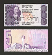 SOUTH AFRICA 5 Rand 1982-85, P-119c, de Kock, Fractional Prefix Sec Thread, UNC