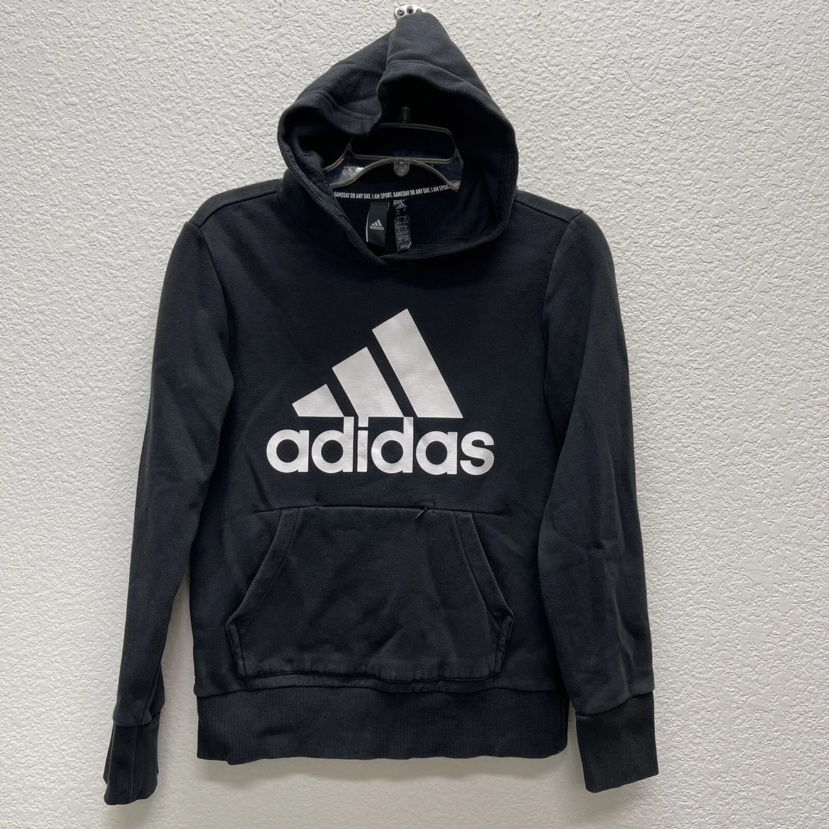 ADIDAS Sweatshirt Hoodie Youth SMALL Black Pullover Hood Top Hoodie LOGO Pouch