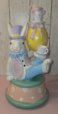 12'' Mad Hatter White Rabbit Figurine Balancing Tea Cups Easter Egg NEW