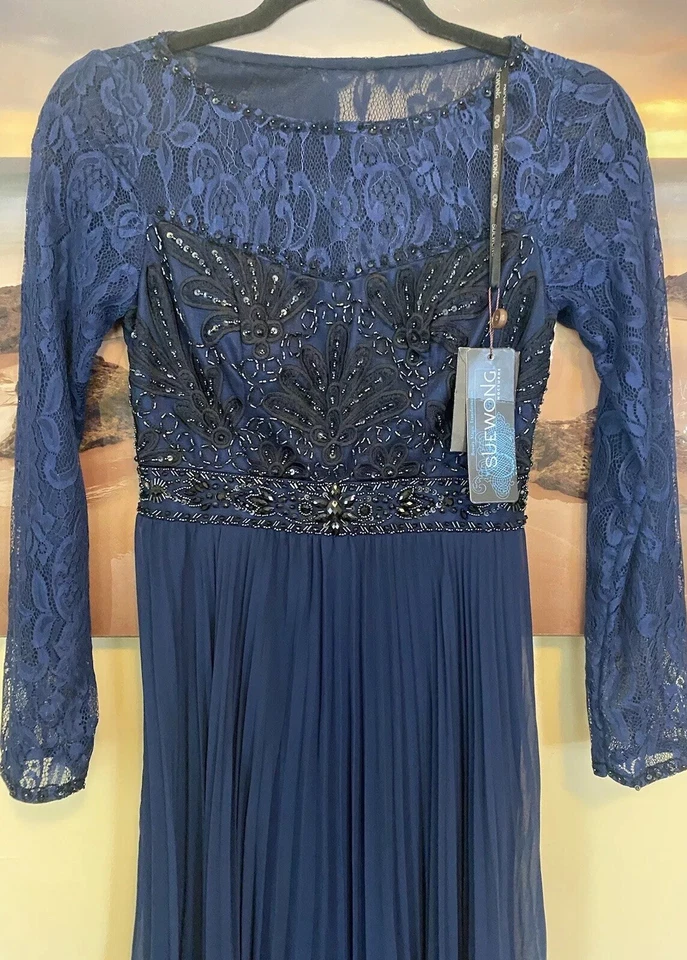 NWT Sue Wong Blue Chiffon Bead Empire Pleat Train Sheer Sleeve & Back Gown 2 NEW - Image 3 of 4