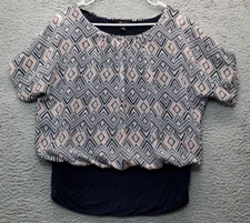 AB Studio Blouse Top Women Small Multi Geo Print Pleated Short Sleeve Round Neck