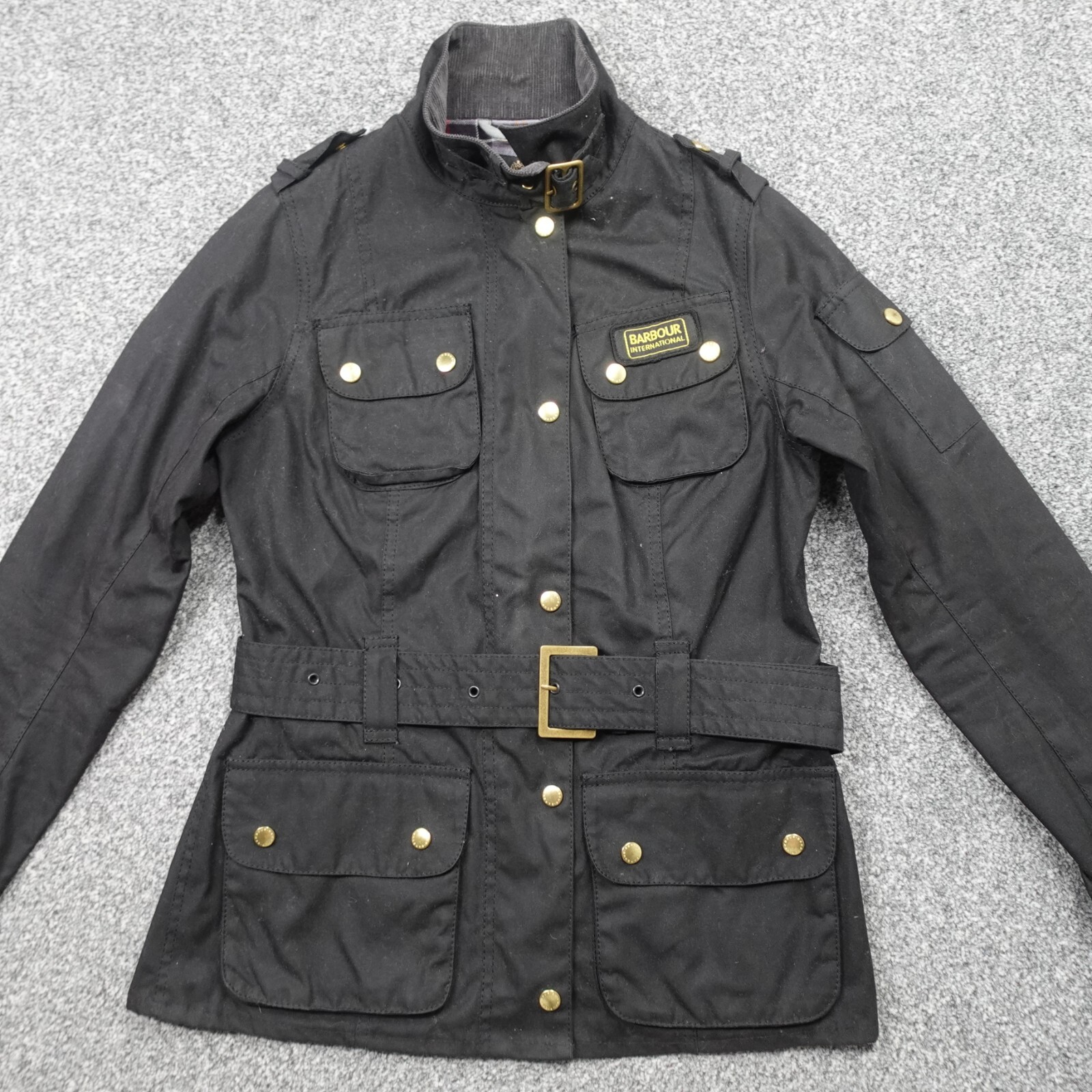 Barbour International Womens Wax Jacket Size 10 Black with Four Pockets and Belt