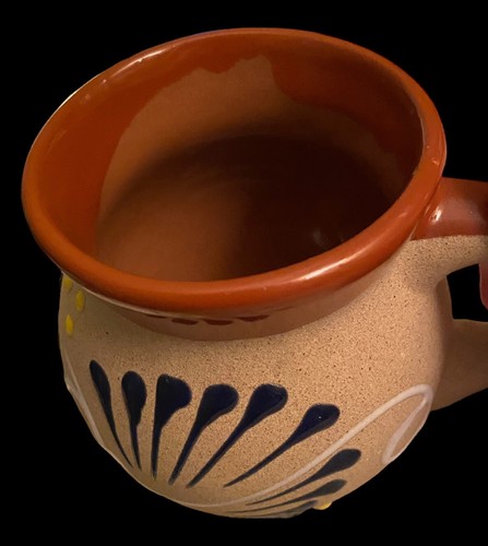 Mexican Clay Coffee Mug Jarrito De Barro Pottery Blue White Yellow Folk Art Mug - Picture 8 of 15