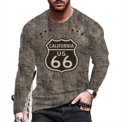 T Shirt Men Route 66 Streetwear Gray Long Sleeve Vintage Ultra Soft Grey T-Shirt