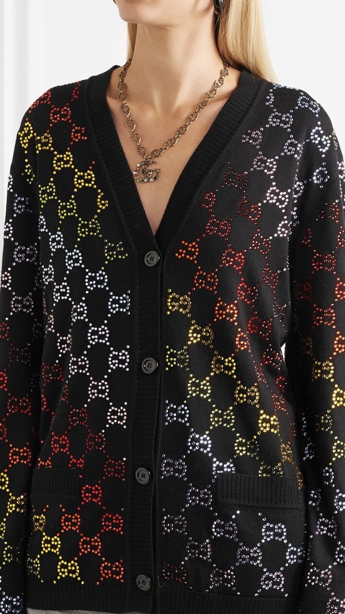 GUCCI スワロフスキー カーディガン クリスタル Fine wool GG crystal cardigan in black | GUCCI® US