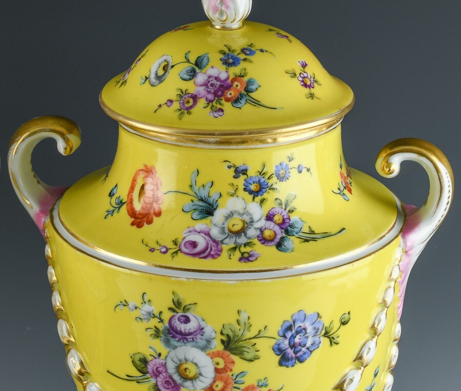 V.FINE QUALITY PAIR 19C ANTIQUE DRESDEN YELLOW ENAMEL GERMAN PORCELAIN