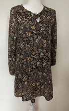 AUW Womens Long Sleeve Knee High Shift Dress Black Yellow Floral Sz Med NWT