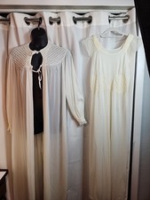 Vintage 1950s Rogers nylon nightgown and robe set with ivory lace smocking SzM