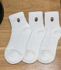 A Bathing Ape BAPE Head Embroidered White Crew Socks 3 Pair Pack Streetwear NWT