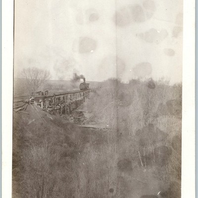 c1940s Steam Locomotive Train Wooden Trestle Bridge Railroad Railway Engine Vtg