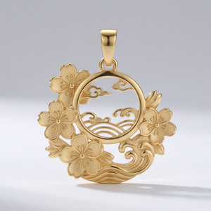 Authentic 925 Sterling Silver Gold Plated Cherry Blossom and Waves Medallion Pendant Neckl