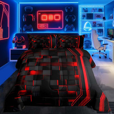 Red and Black Duvet Quilt Twin Size Geometric Bedding Set for Boys