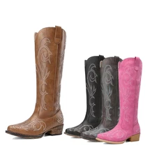 Women Cowboy Cowgirl Low Heel Pointed Toe Knee High Boots Outdoor Western Boots