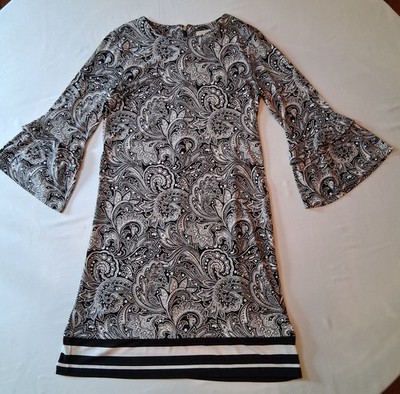 Michael Kors Women's XS Black &  White 3/4 Tiered Sleeves Back Zip Shift Dress