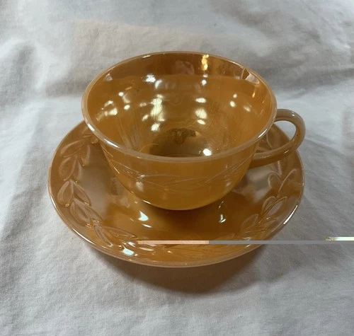 Vintage Fire King Peach Luster Laurel Leaf Teacup Coffee Cup & Saucer
