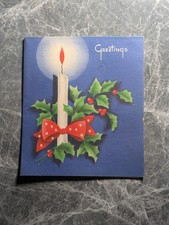 Vintage Christmas Greeting Card White Candle Red Bow Holly Berries Blue MCM...