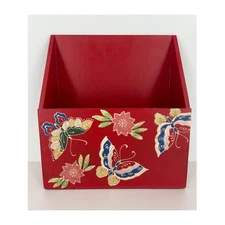 Vintage Wooden Desktop Box Files Mail Storage Red Painted Butterflies