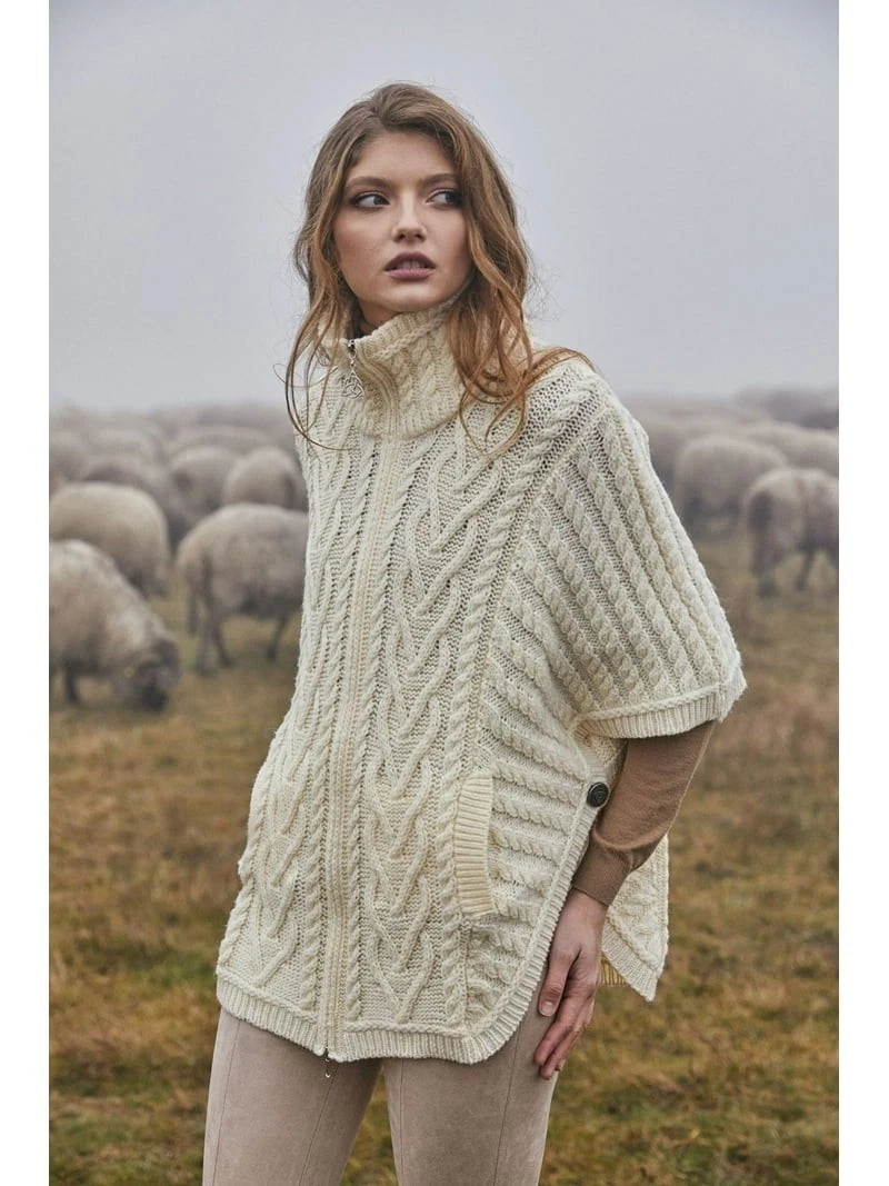 Aran Crafts SAOL Cardigan Cable Knit Sweater Merino Poncho Cape Sz Medium Large
