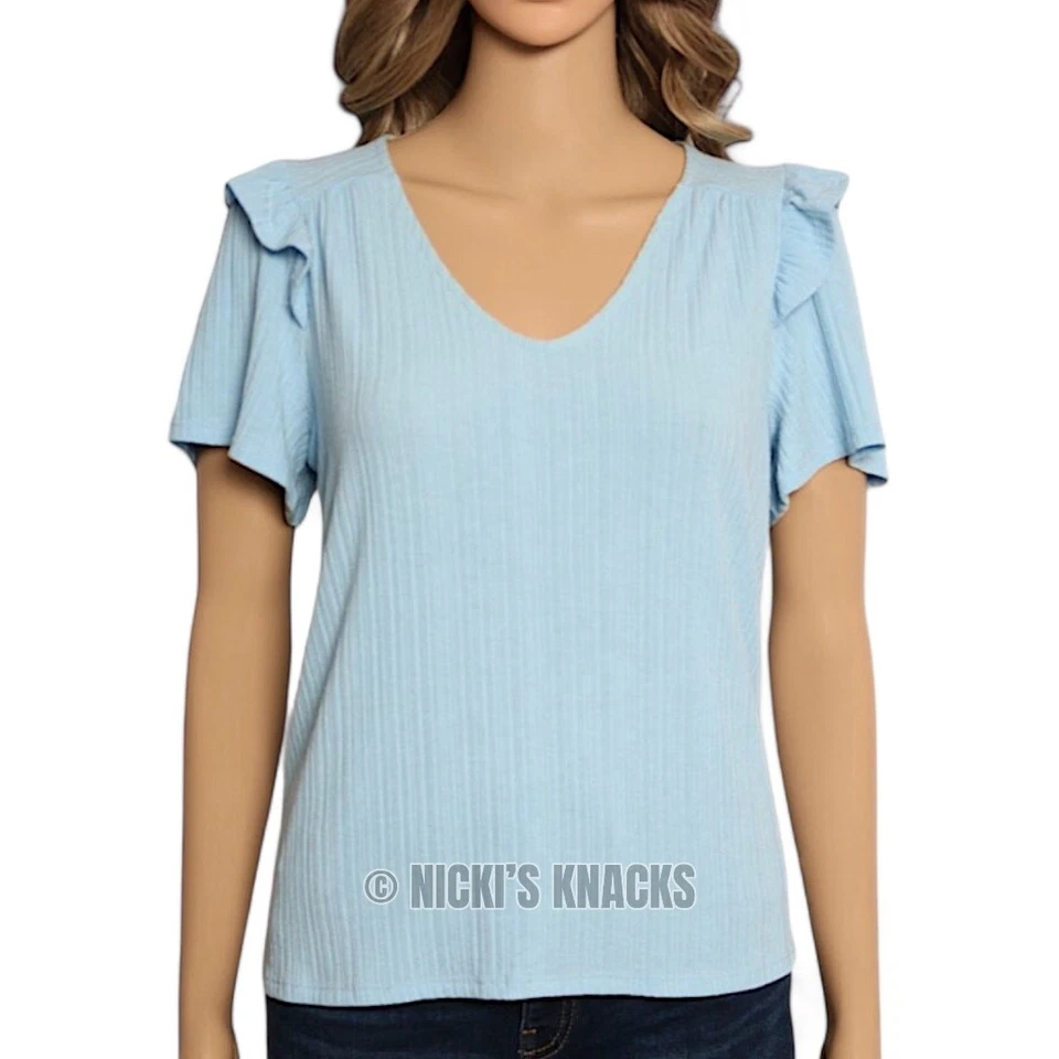 W5 Light Blue Ribbed V-Neck Tee Ruffle Sleeve Coastal Soft Knit Stretch Size M - Image 2 of 4