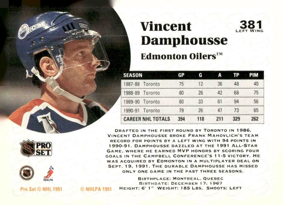 1991-92 Pro Set #381 Vincent Damphousse - Image 2 of 2