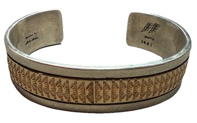 Marc Antia Apache Handmade Cuff Sterling Silver 14k Gold 7 5/8  85 Grams Navajo