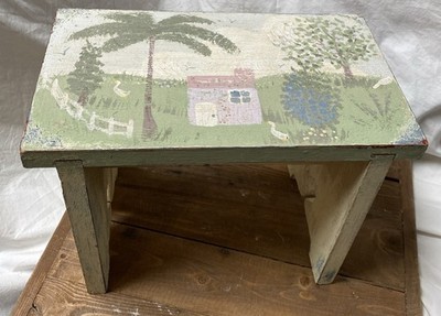 shabby painted wooden bench 12''x9''x7'' step stool farmhouse cottage scene pastels