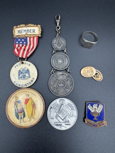 Vintage Masonic Fraternal Lot Peoria Consistory Medal Watch Fob Coin