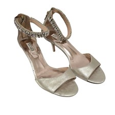 Badgley Mischka Angel Platini Metallic Sandals With Rhinestones Ankle Strap. 10