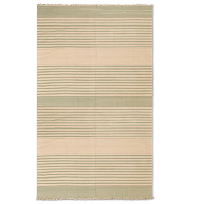 Hand Knotted Cotton Dhurrie Rug Color Light Green and Beige Design Carpet Rug