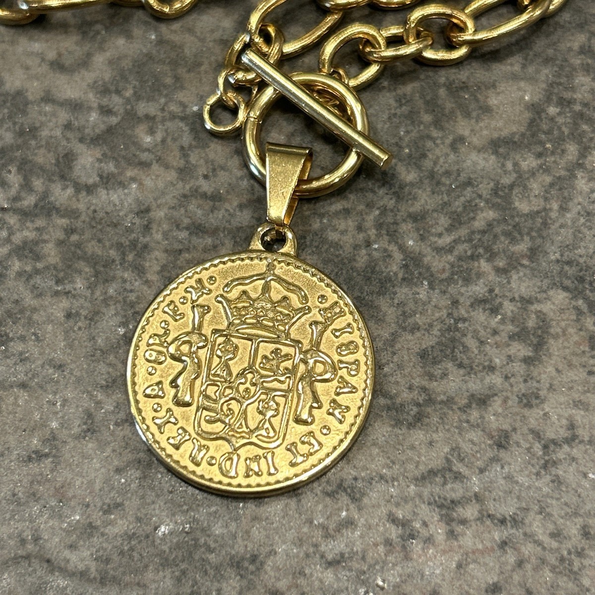 Goldtone Coin Necklace With Chunky Link Chain And Toggle Clasp 19