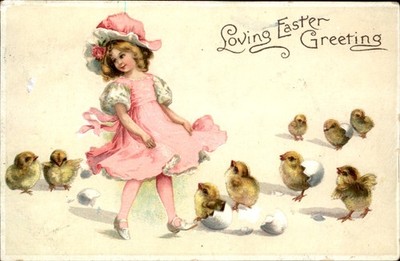 Easter Little Girl in Pink Dress Hatching Chicks Unsigned Clapsaddle? c1910 PC