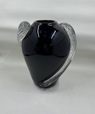Hand Blown Black Art Glass Vase Applied Clear Ribbon Swirls Studio Glass
