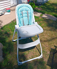 Baby High Chair with Tray Safety Harness, White Frame Blue Padded Seat