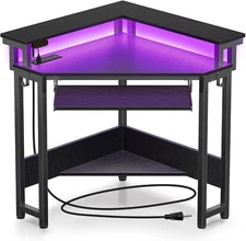 Corner Desk Small Carbon Fiber Computer Desk with Power Outlets LED Lights Black